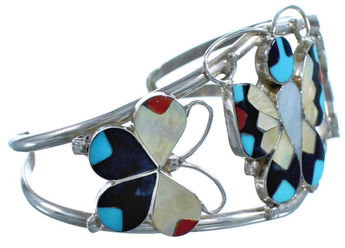 Zuni Indian Multicolor Sterling Silver Butterfly Inlay Cuff Bracelet BX116991